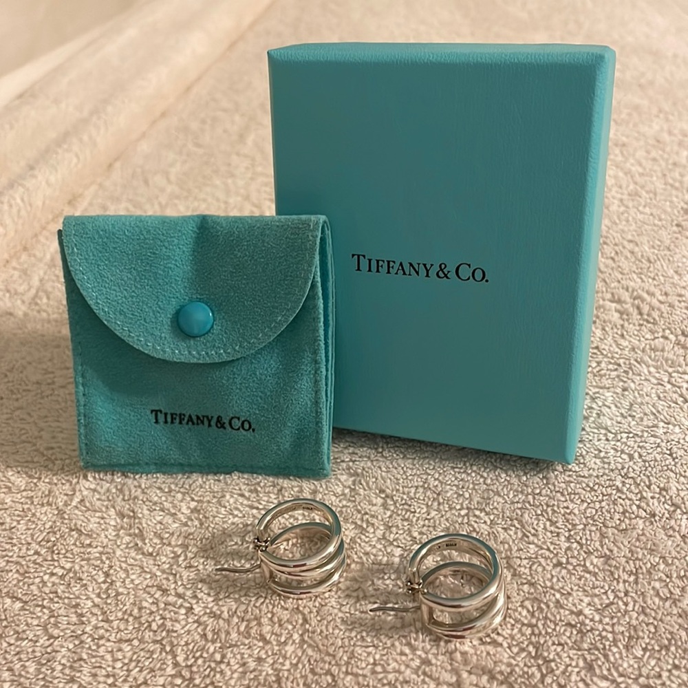 Tiffany & Co. silver triple hoop snap back earrings!